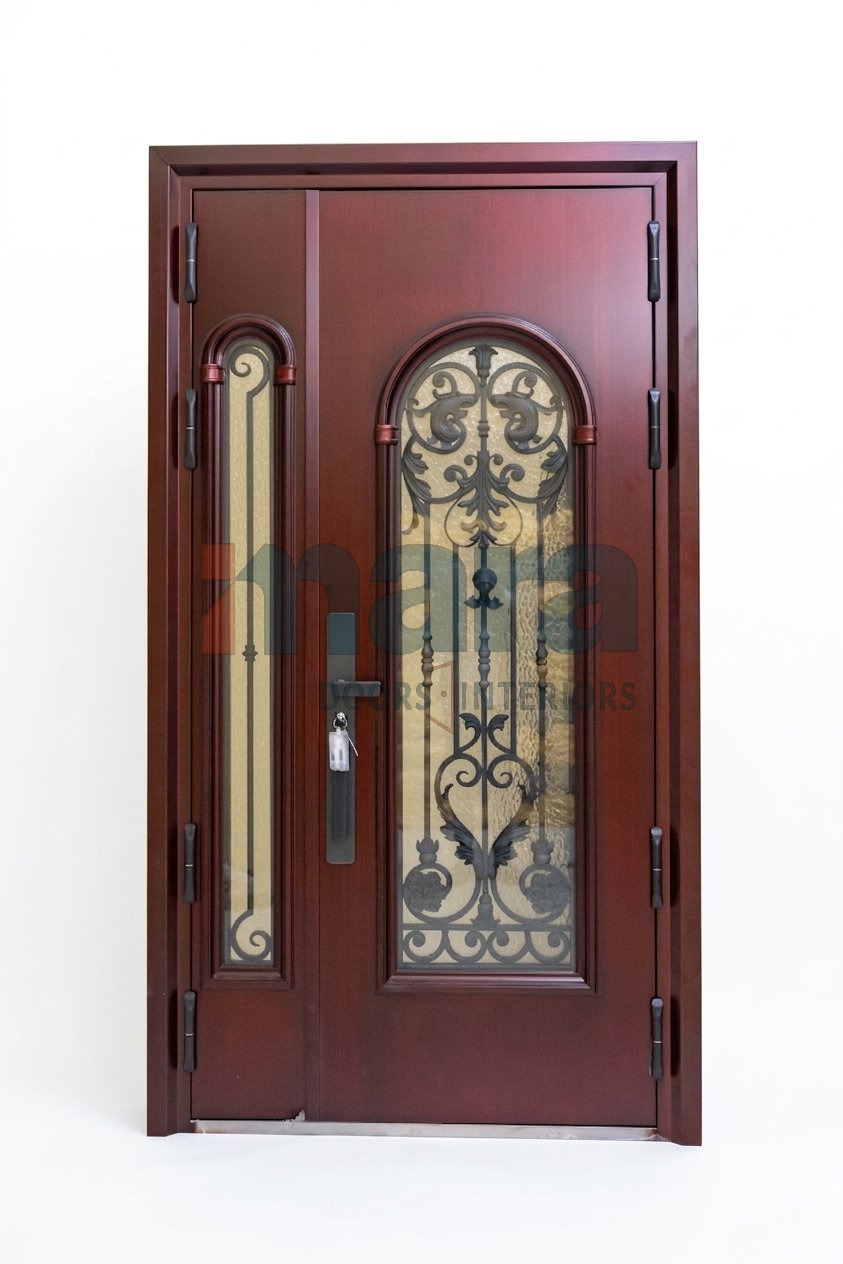 Mahogany French Steel Doors with Ironwork: Light Without Losing Security
